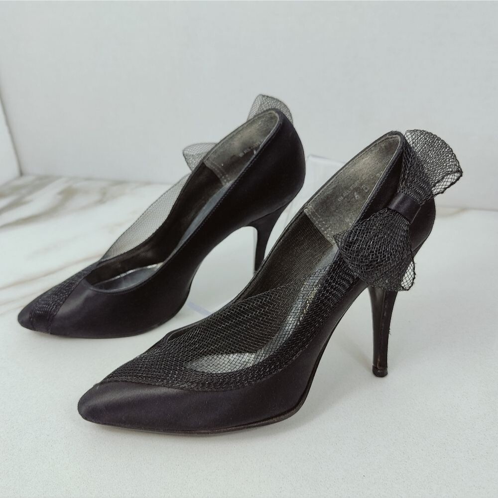 VTG Y2K Wild Nights Black Textile Mesh Bow Almond Toe Pumps Heels, Sz 6